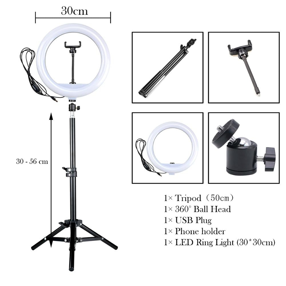 12" 30cm Photography LED Selfie Ring Light Dimmable Lamp Camera Phone Photo Ringlight with Tripod