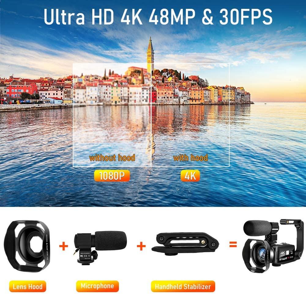 4K Video Camera with Microphone UHD Camcorder for Live Stream WiFi Remote Control Night Vision