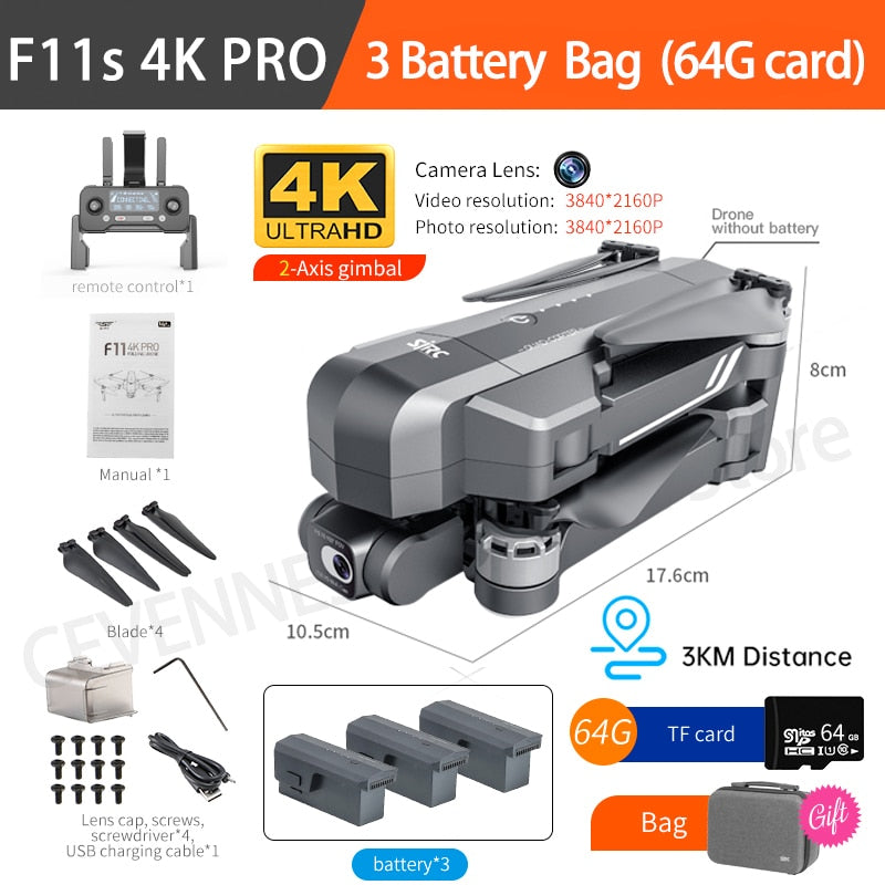 CSF F11S Pro Drone 4k Profesional Camera 3KM WIFI GPS EIS 2-axis Anti-Shake Gimbal FPV Brushless