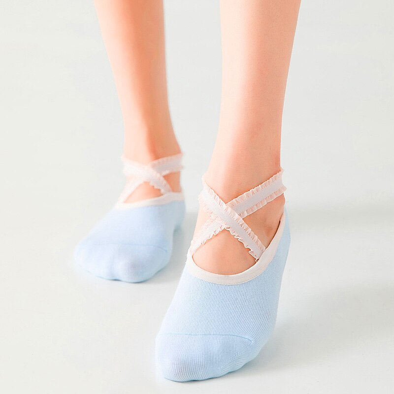 Women Lace Breathable Pilates Socks Silicone Anti Slip Bandage Ballet Dance Cotton Sports