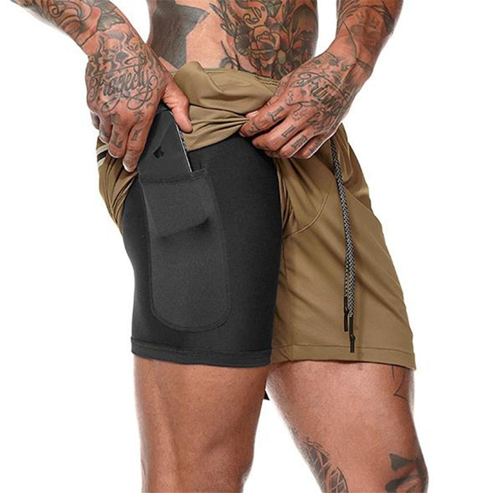 Men 2 in 1 Running Shorts Jogging Gym Fitness Training Quick Dry Beach Short Pants