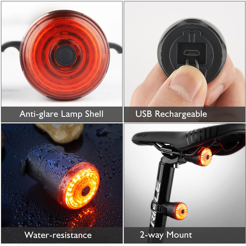 Smart LED Bicycle Light Rear Back Mtb Road Brake Light Signal USB Rechargeable Red Cycling Lamp