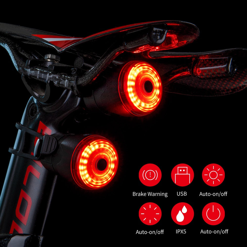 Smart LED Bicycle Light Rear Back Mtb Road Brake Light Signal USB Rechargeable Red Cycling Lamp