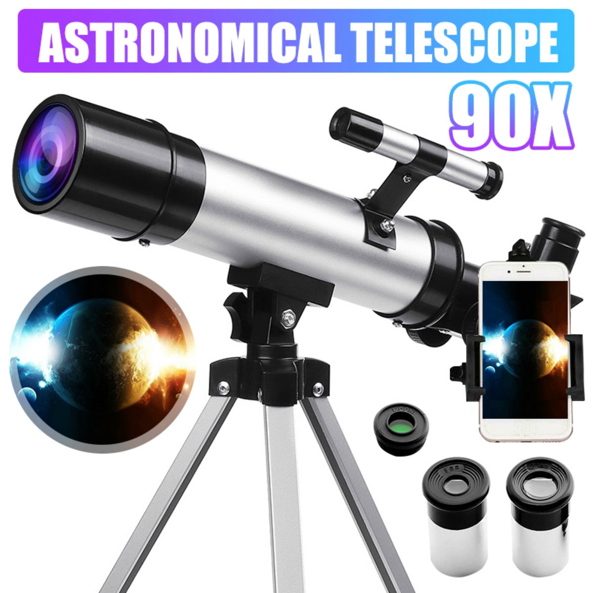 90X Astronomical Refractive Zooming Telescope With Tripod Phone Clip HD Monocular Telescopio