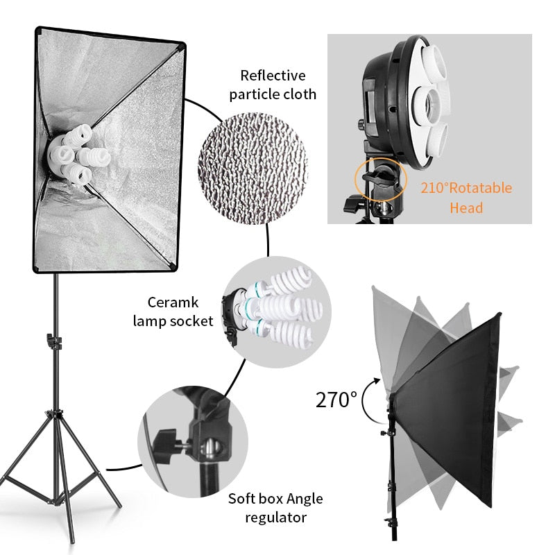 SH Photography Softbox 50x70 Lightbox Lighting Kit 5500K Lamp Continuous Light System With 2M Tripod