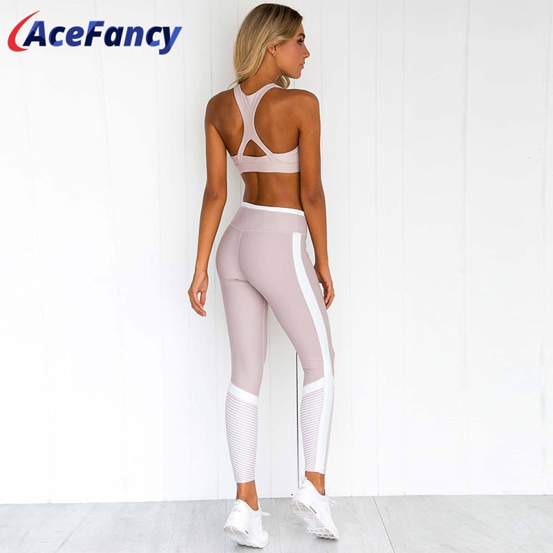 Acefancy Fitness Set Gym Pink Yoga Suit for Women FT147 Striped Push up Yoga sets 2pcs Sportwear