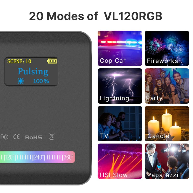 Ulanzi VL120 RGB Compact Video Light with Display Screen Diffuser Mini Camera