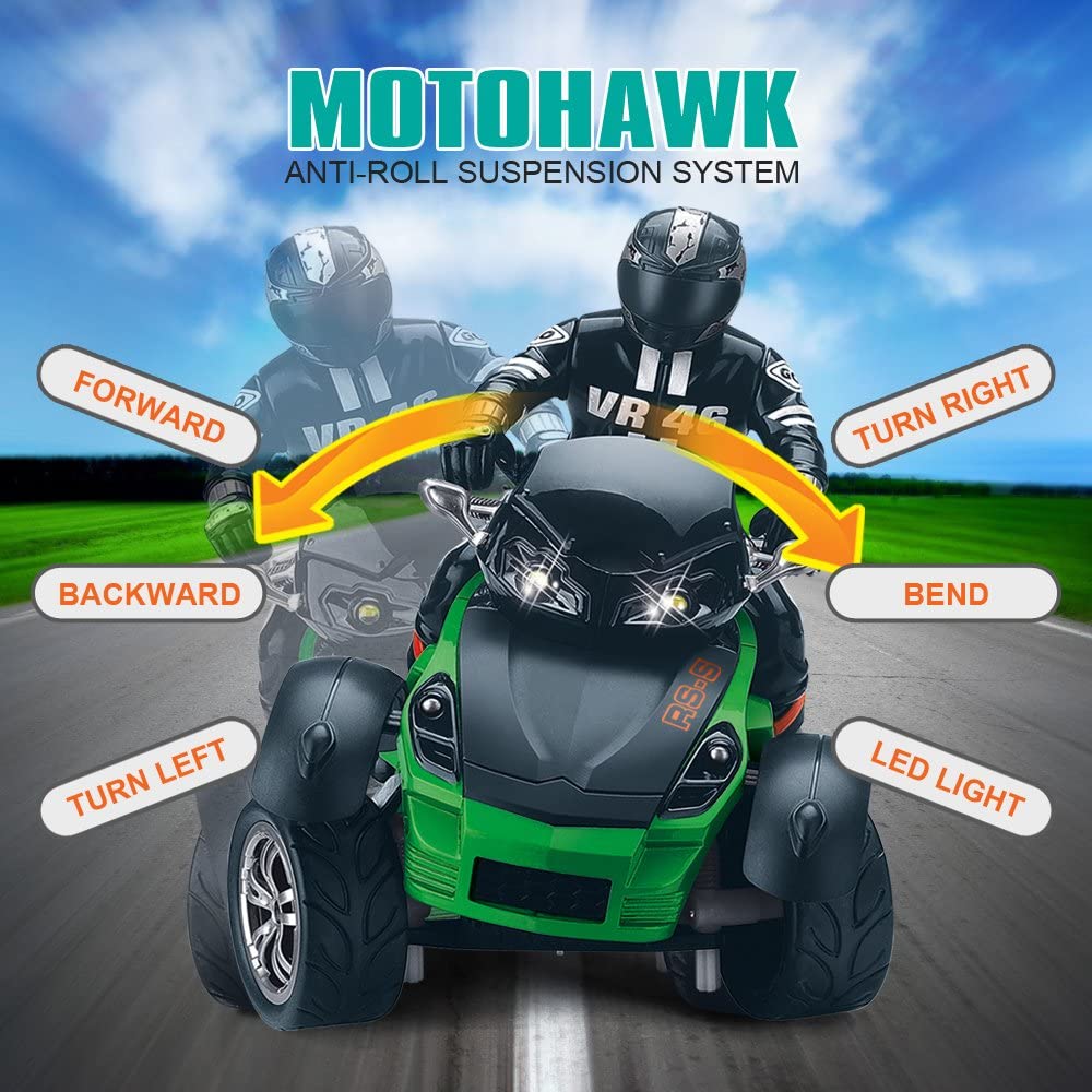 1:10 Scale Vehicle 2.4GHz High Speed Three Wheel RC MotoHawk Motorcycle Toys ATV Road Racer