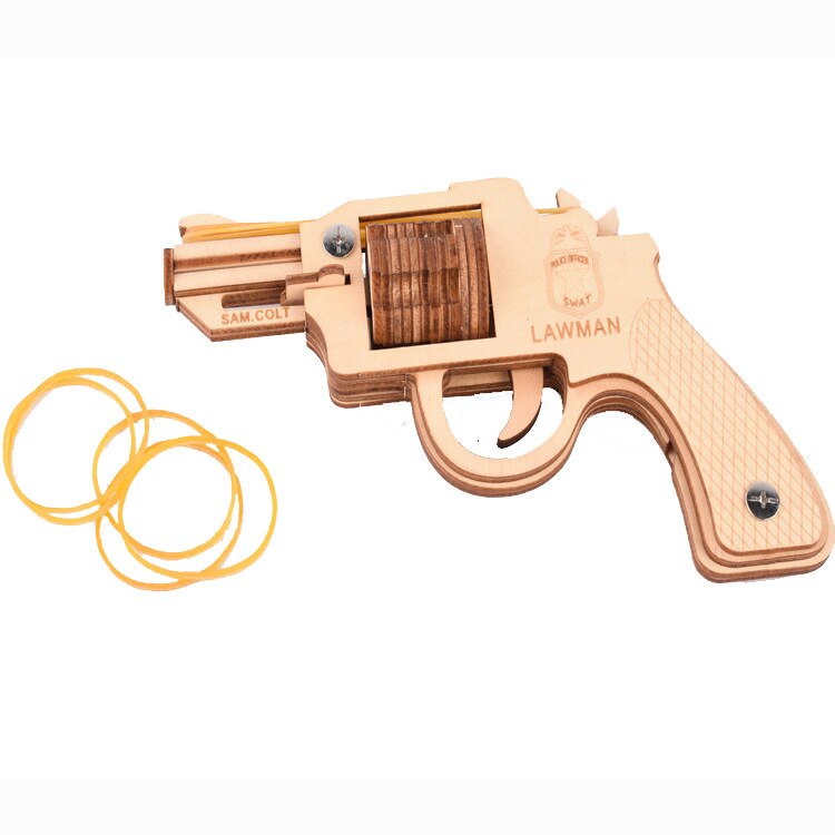 Semi-auto Rubber Band Cutting 3D Wooden Puzzle Gun Woodcraft Assembly Kit RevolverShooting Toy Boys