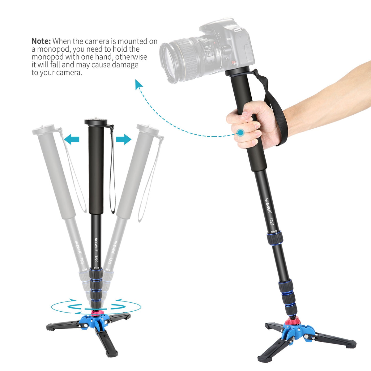 Neewer Extendable Camera Monopod with Removable Foldable Tripod Support Base