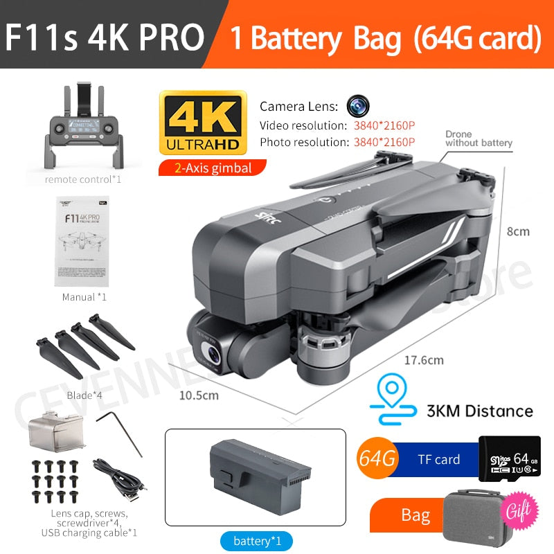 CSF F11S Pro Drone 4k Profesional Camera 3KM WIFI GPS EIS 2-axis Anti-Shake Gimbal FPV Brushless