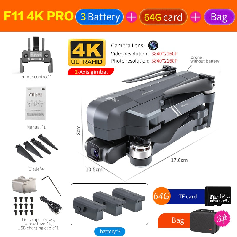 CSF F11S Pro Drone 4k Profesional Camera 3KM WIFI GPS EIS 2-axis Anti-Shake Gimbal FPV Brushless