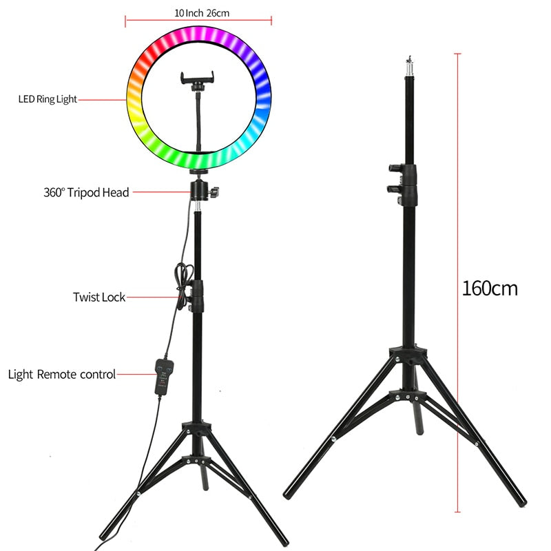 26cm Colorful RGB Ring Light with Stand Phone Tripod Lighting Ring Light with Remote Camera Holder