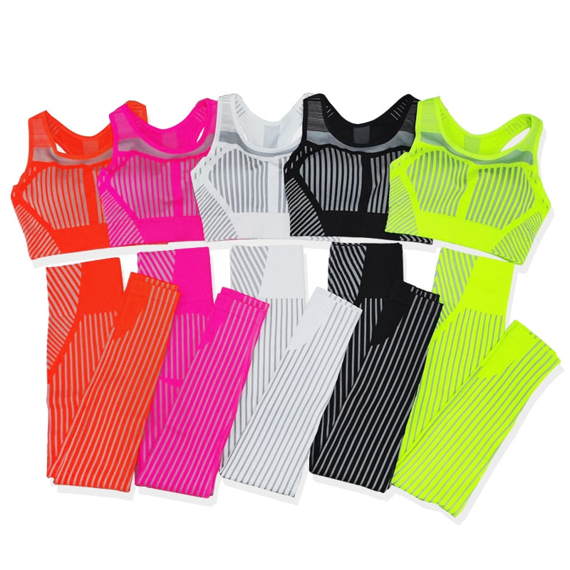 Strip Seamless Women Yoga Set for Fitness Sports Suits Gym Wear Clothing Running Top