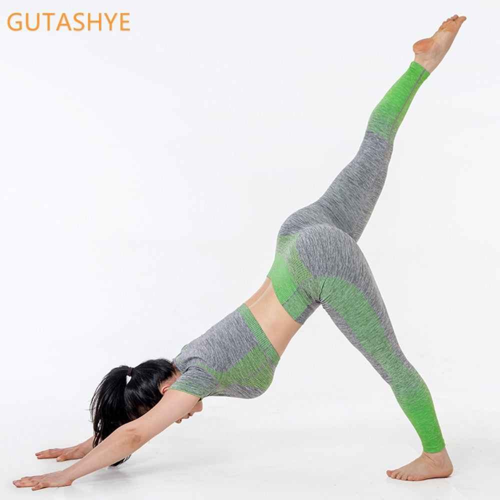 GUTA Women Yoga Sets Yoga Short Sleeve High Waist Sport Leggings Gym Set Yoga