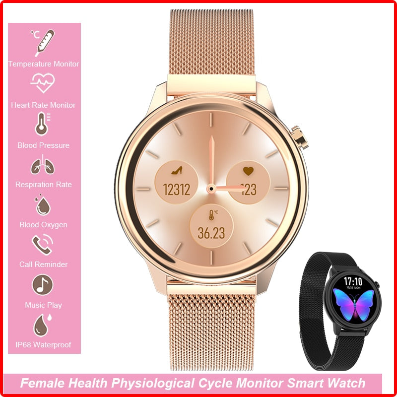 Smartwatch Lady Features Monitor Body Temperature HR Pressure Call Reminder Tracker Smart Watch Women