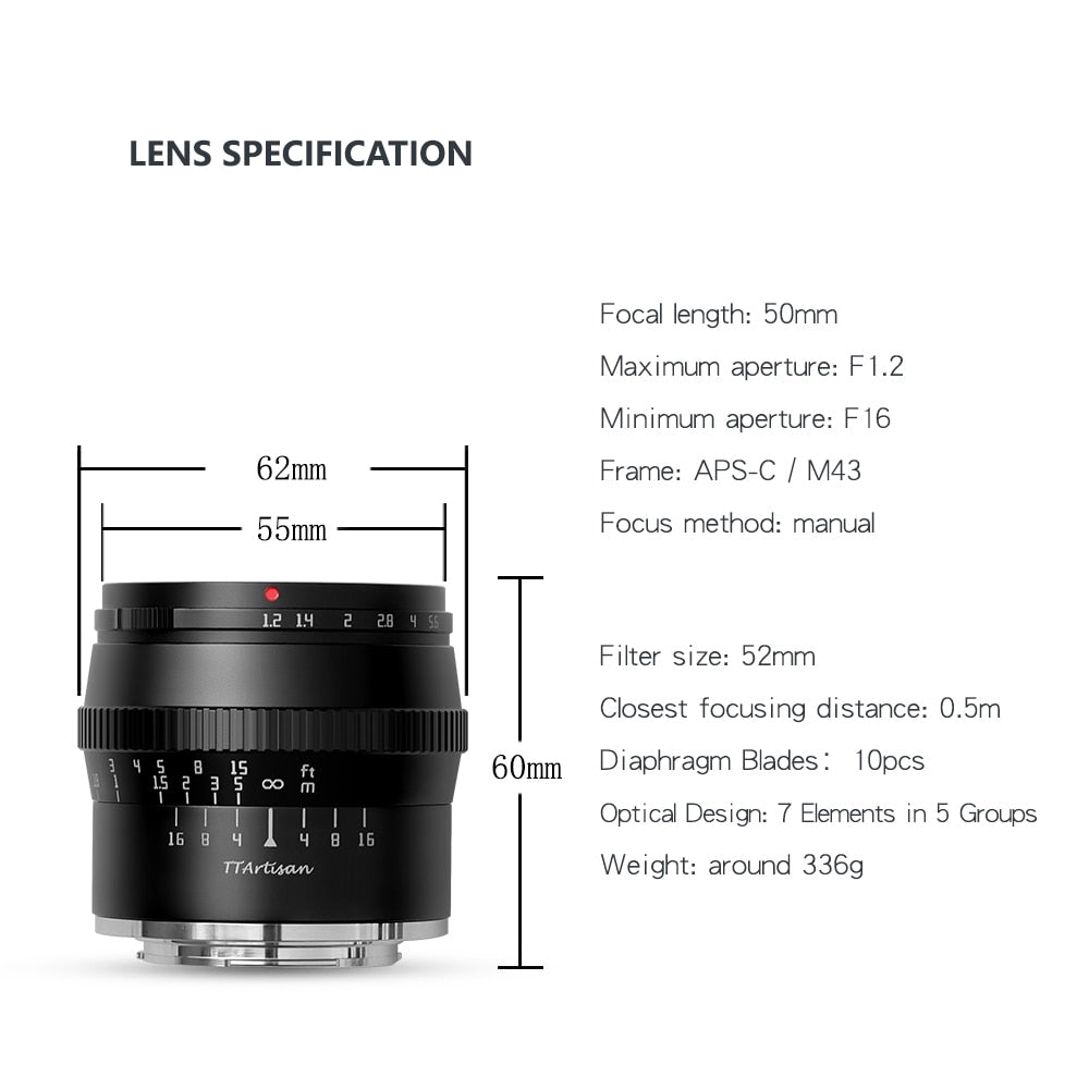 TTartisan 50mm F1.2 Macro DSLR Camera Lens For Sony E Canon EOS-M Fujifilm X Nikon Z /Zfc