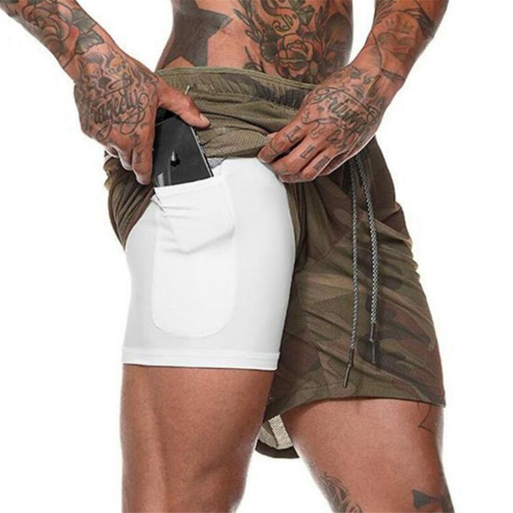 Men 2 in 1 Running Shorts Jogging Gym Fitness Training Quick Dry Beach Short Pants