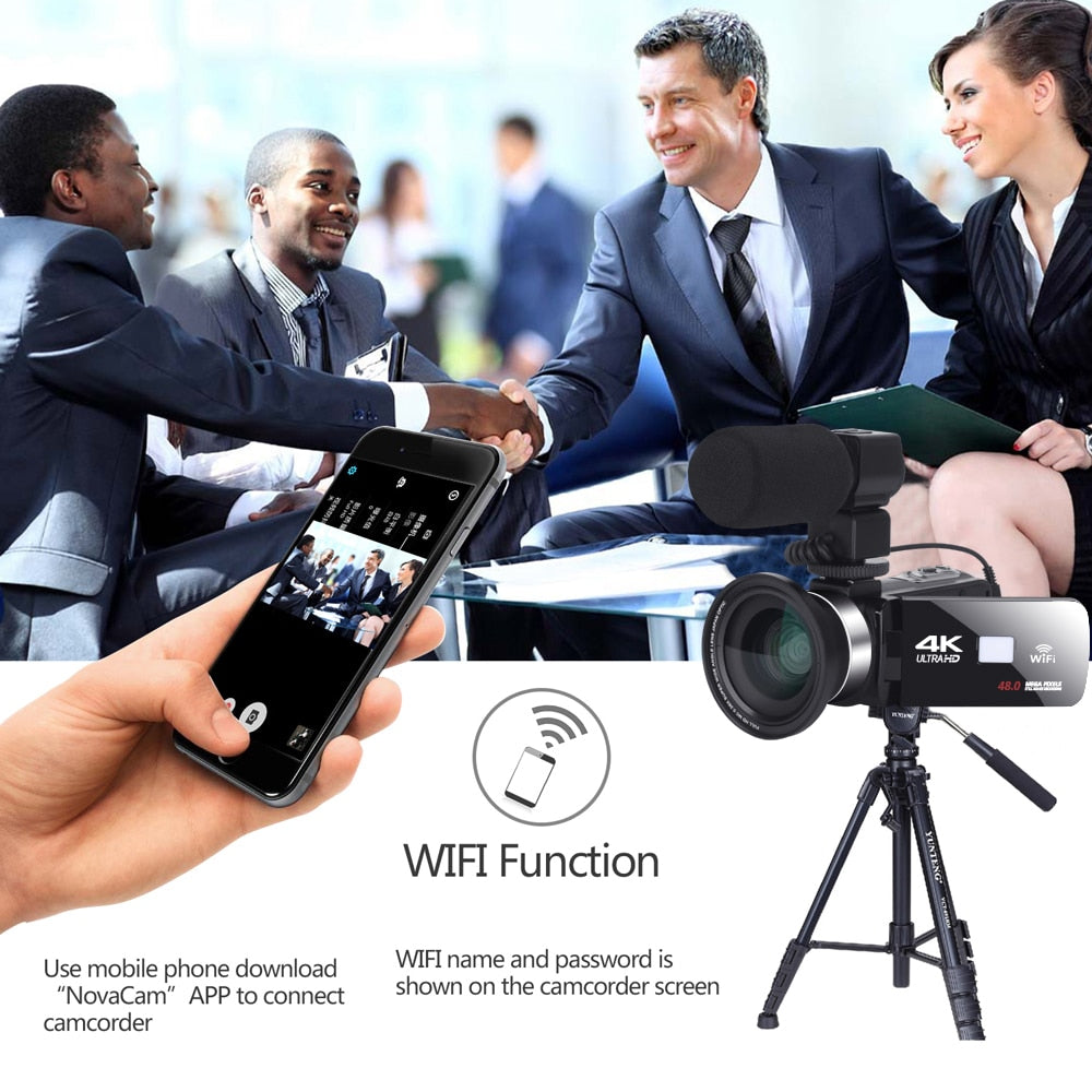 Digital Video Camera with Microphone Professional 4K Camcorder for Live Stream WiFi Vision 48MP Photography