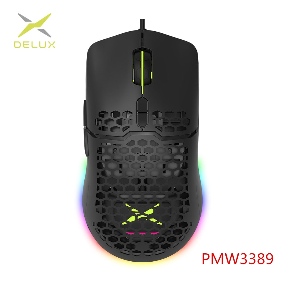 Delux M700 PMW3389 RGB Gaming Mouse 67g Lightweight Honeycomb Shell Ergonomic Soft rope Computer Gamer