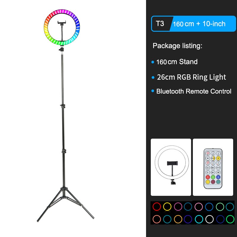 26cm Colorful RGB Ring Light with Stand Phone Tripod Lighting Ring Light with Remote Camera Holder