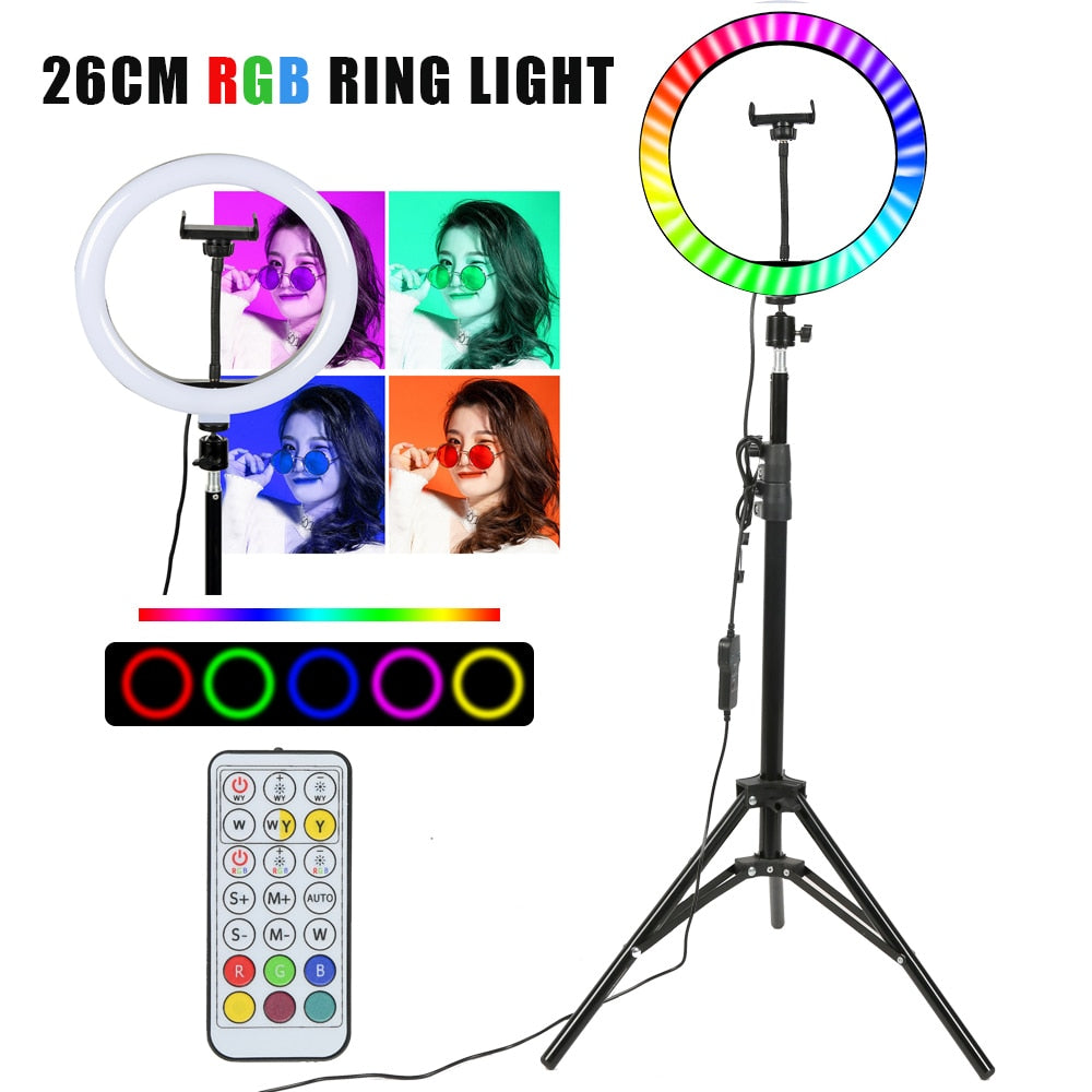 26cm Colorful RGB Ring Light with Stand Phone Tripod Lighting Ring Light with Remote Camera Holder