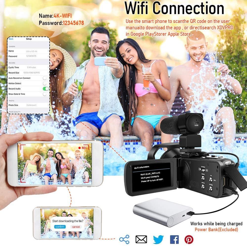 4K Video Camera with Microphone UHD Camcorder for Live Stream WiFi Remote Control Night Vision