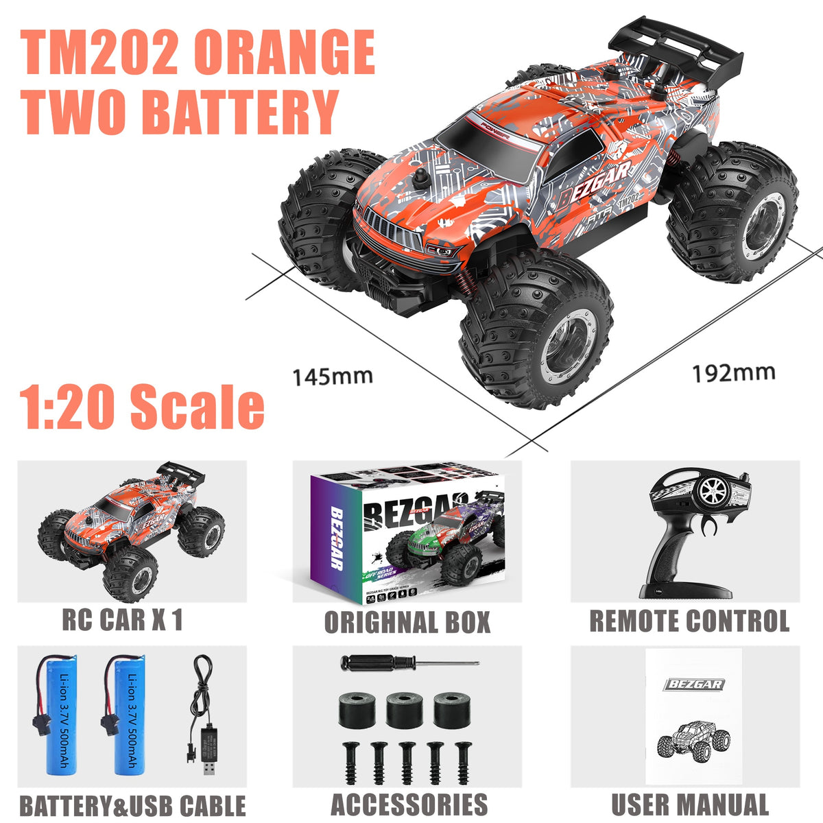 BEZGAR TM201 Remote Control Car,2.4GHz Rc Car All-Terrain 15Km/h 1:20 Off-Road Monster Truck Toy Birthday