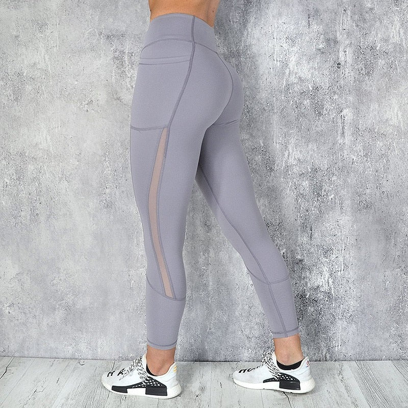 Pocket Solid Sport Yoga Pants High Waist Mesh Sport Leggings Fitness Women Yoga