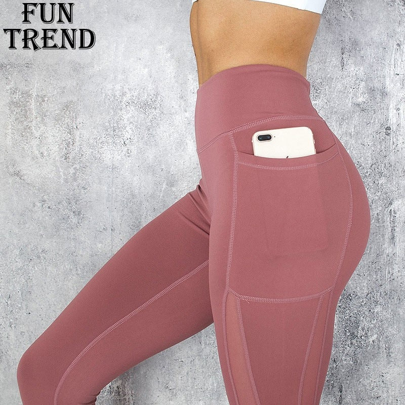 Pocket Solid Sport Yoga Pants High Waist Mesh Sport Leggings Fitness Women Yoga