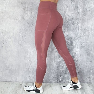 Pocket Solid Sport Yoga Pants High Waist Mesh Sport Leggings Fitness Women Yoga