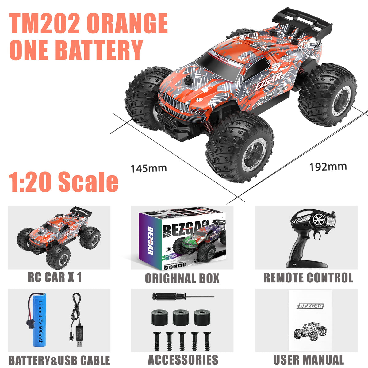 BEZGAR TM201 Remote Control Car,2.4GHz Rc Car All-Terrain 15Km/h 1:20 Off-Road Monster Truck Toy Birthday