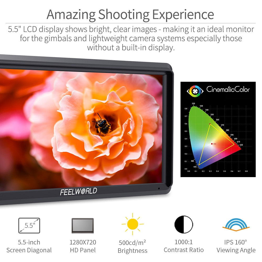 FEELWORLD 5.5 Inch 4k Portable Camera DSLR Field Monitor HDMI Input Output Small Full HD 1280x720