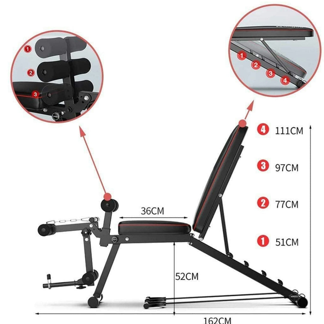 WEIGHT BENCH, RECLINING, ADJUSTABLE, WITH ELASTIC BAND, WEIGHT DISC HOLDER