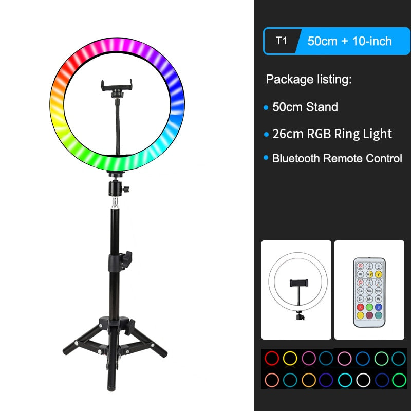 26cm Colorful RGB Ring Light with Stand Phone Tripod Lighting Ring Light with Remote Camera Holder