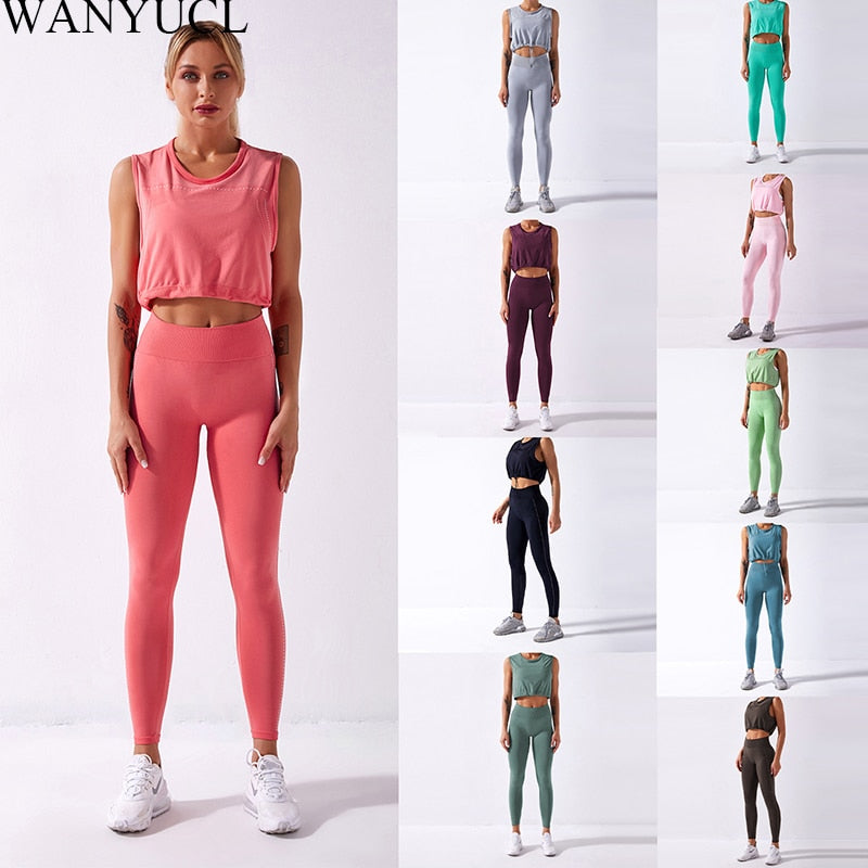 WANYUCL 2021 Seamless Suit Women 2pcs Sport Leggings And Top Workout Sleeveless