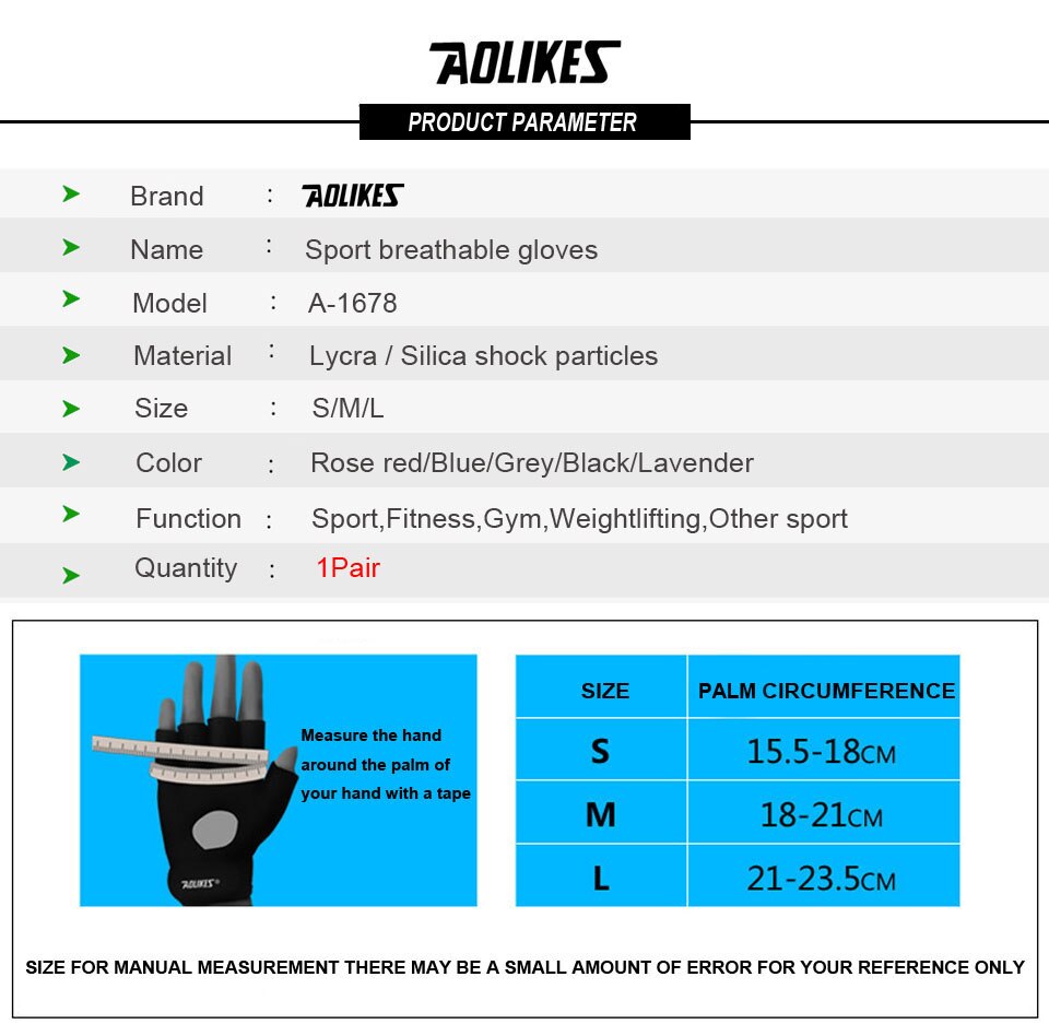 AOLIKES Fitness Half Finger Gloves Weight Lifting Breathable Training Gloves Anti-slip Men Women S/M/L