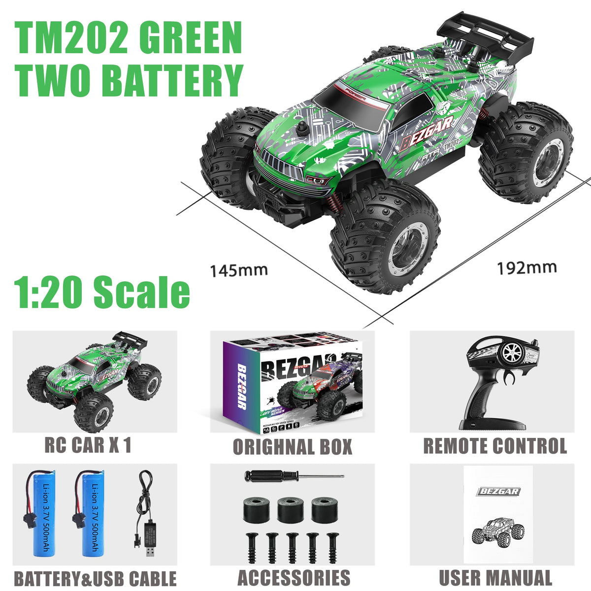 BEZGAR TM201 Remote Control Car,2.4GHz Rc Car All-Terrain 15Km/h 1:20 Off-Road Monster Truck Toy Birthday