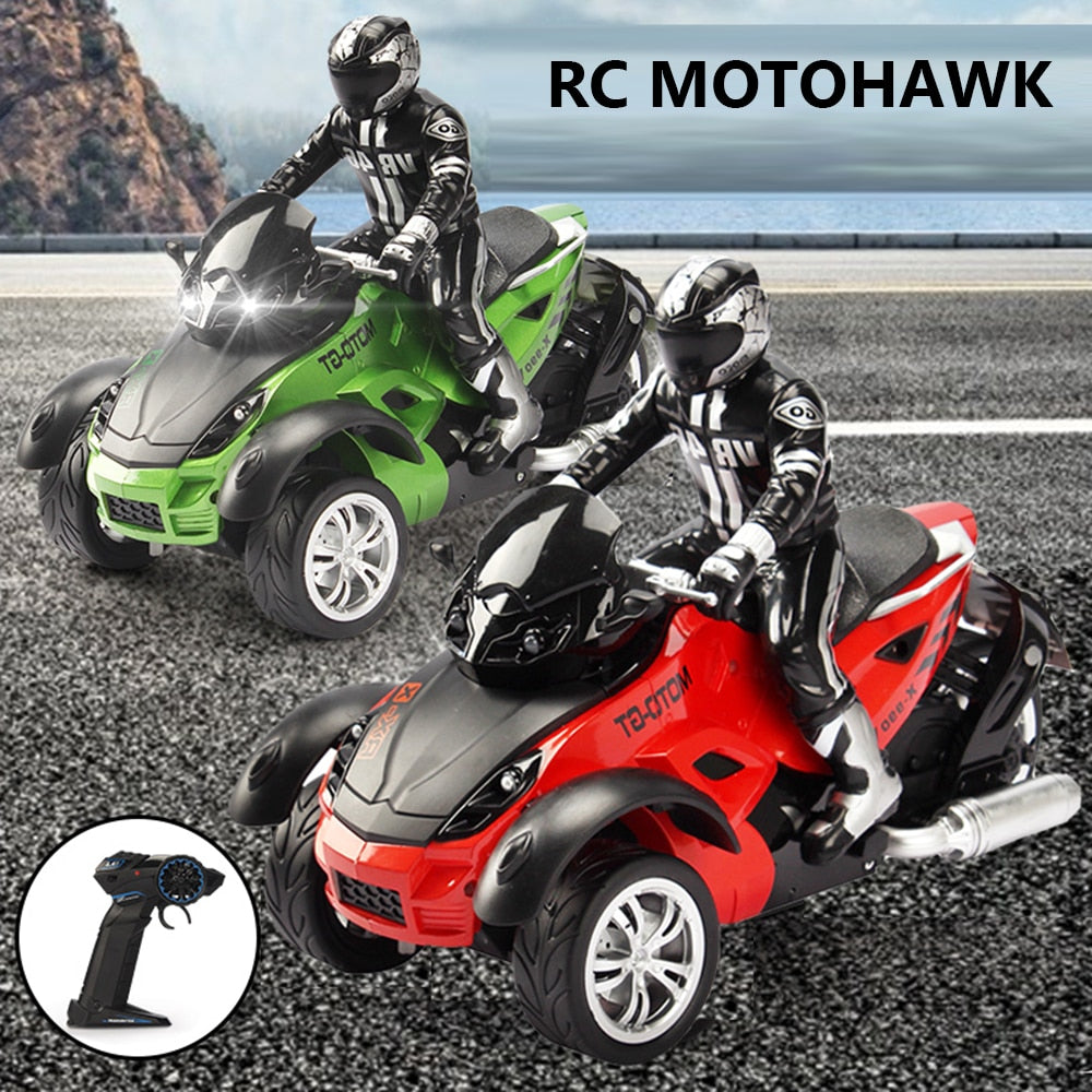 1:10 Scale Vehicle 2.4GHz High Speed Three Wheel RC MotoHawk Motorcycle Toys ATV Road Racer