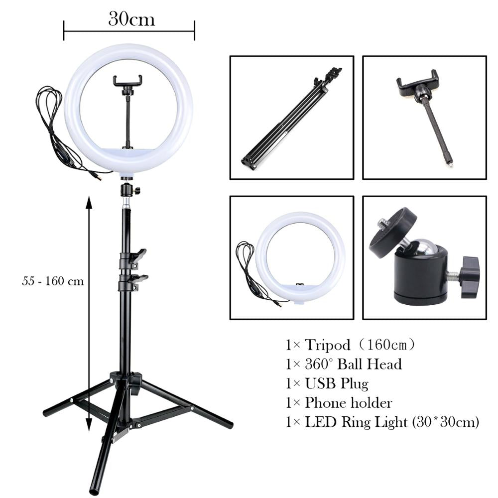 12" 30cm Photography LED Selfie Ring Light Dimmable Lamp Camera Phone Photo Ringlight with Tripod