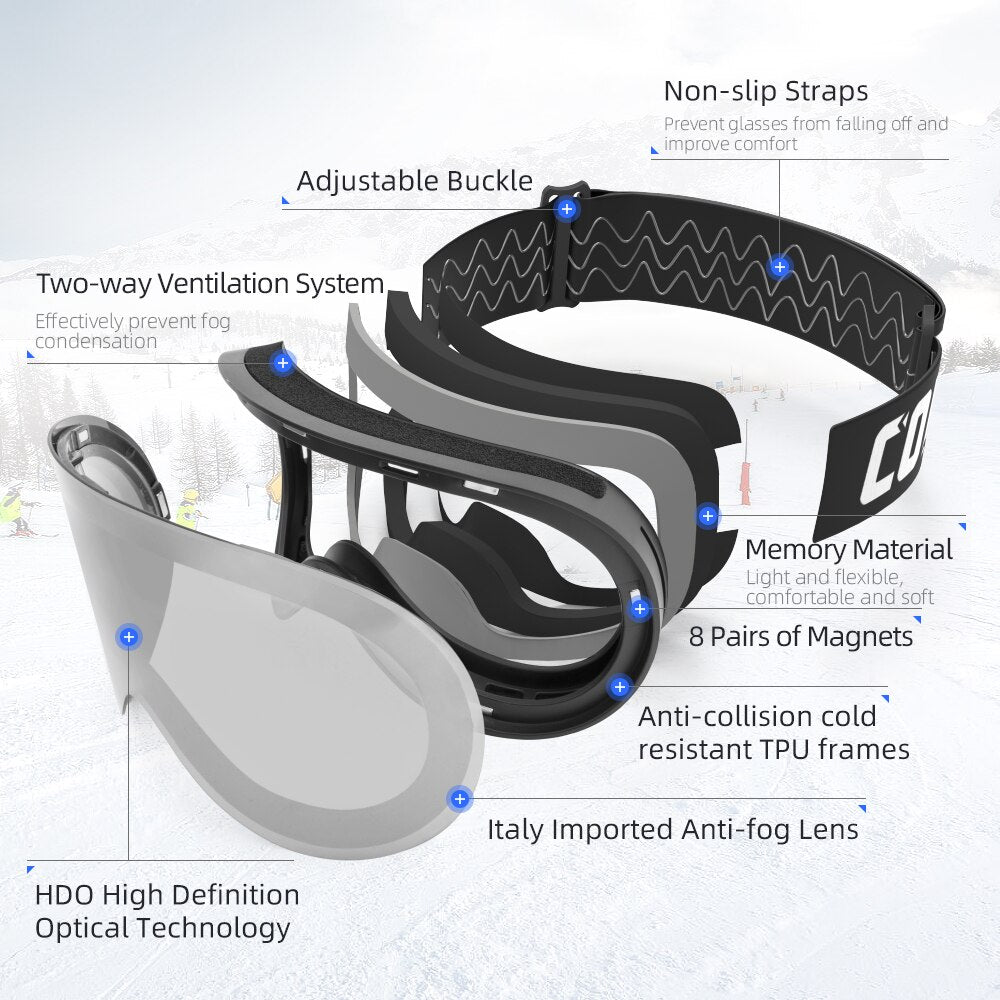 COPOZZ Ski Googles Snowboard Ski Glasses Men Women Anti-fog Cylindrical Snow Ski Goggles UV