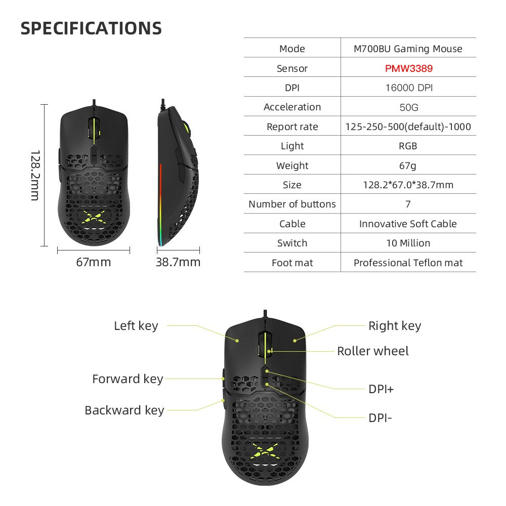 Delux M700 PMW3389 RGB Gaming Mouse 67g Lightweight Honeycomb Shell Ergonomic Soft rope Computer Gamer