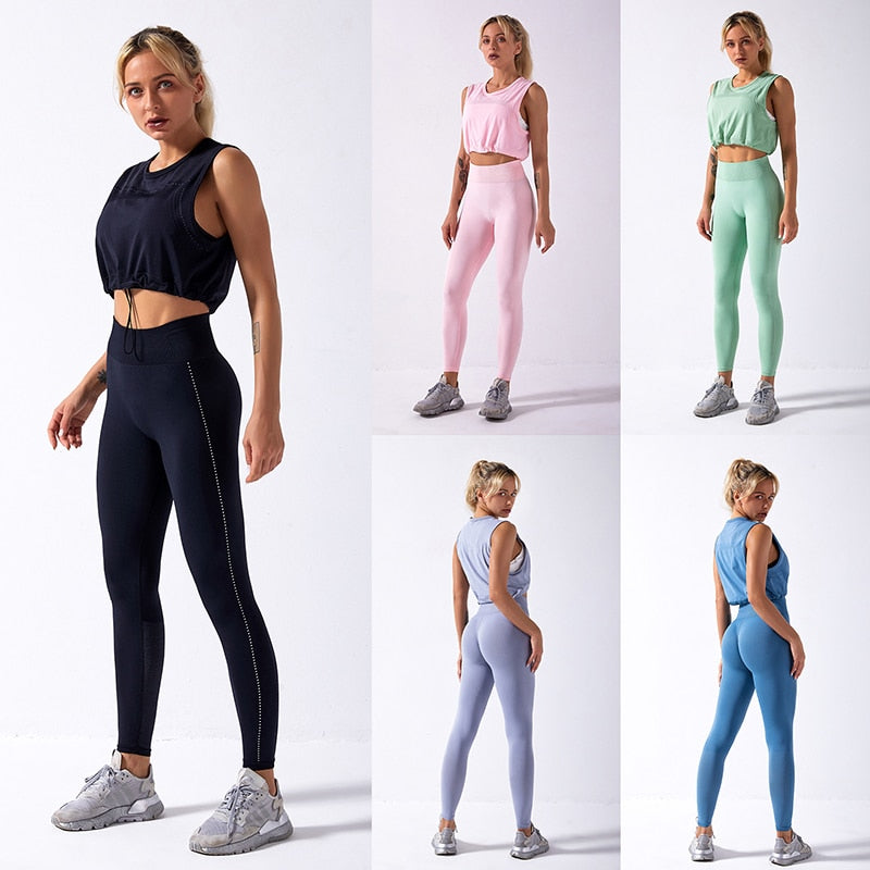 WANYUCL 2021 Seamless Suit Women 2pcs Sport Leggings And Top Workout Sleeveless