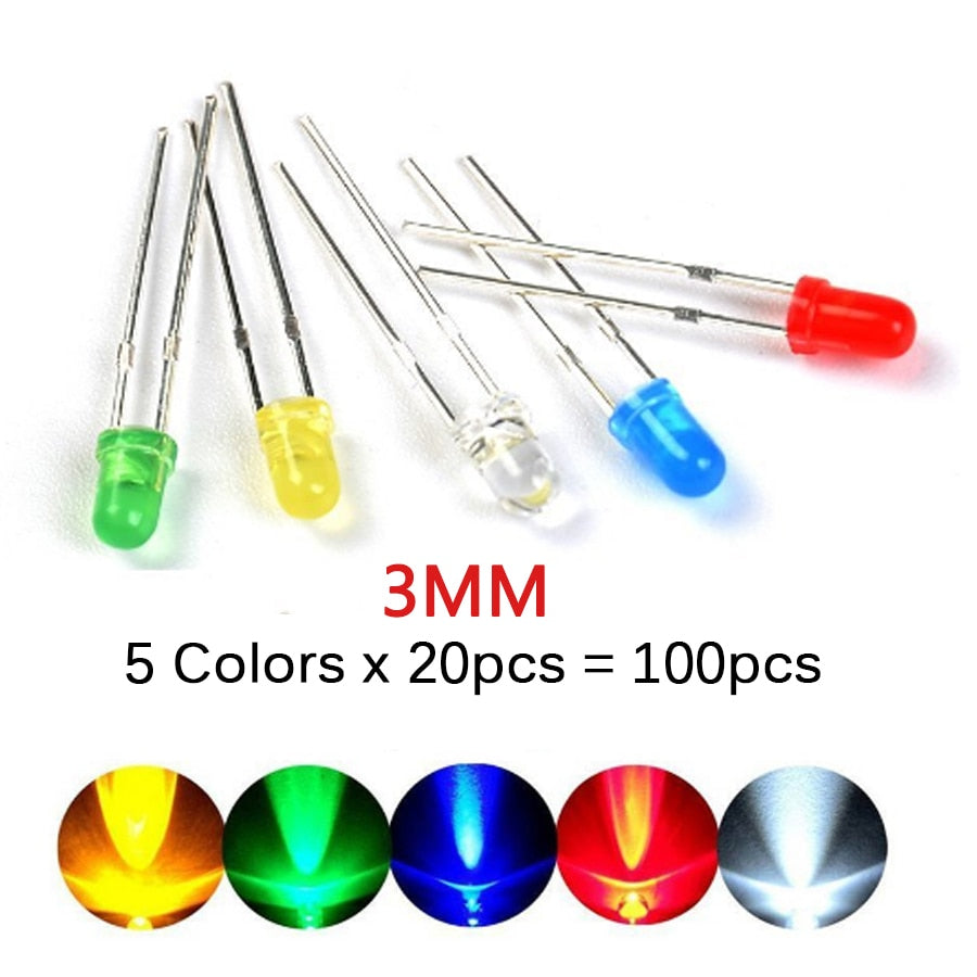 3mm 5mm LED Diode Assorted Kit, White Green Red Blue Yellow OrangeDIY led lights Diodes electronic