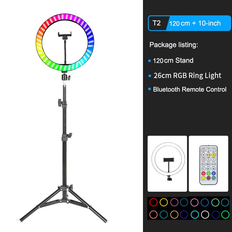 26cm Colorful RGB Ring Light with Stand Phone Tripod Lighting Ring Light with Remote Camera Holder