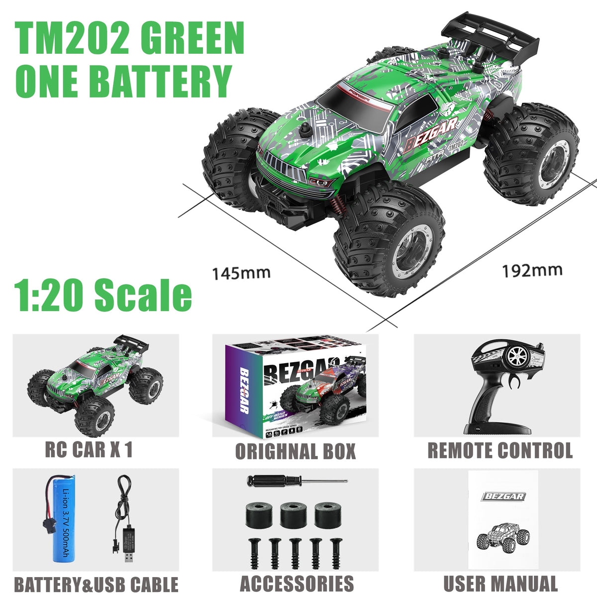 BEZGAR TM201 Remote Control Car,2.4GHz Rc Car All-Terrain 15Km/h 1:20 Off-Road Monster Truck Toy Birthday