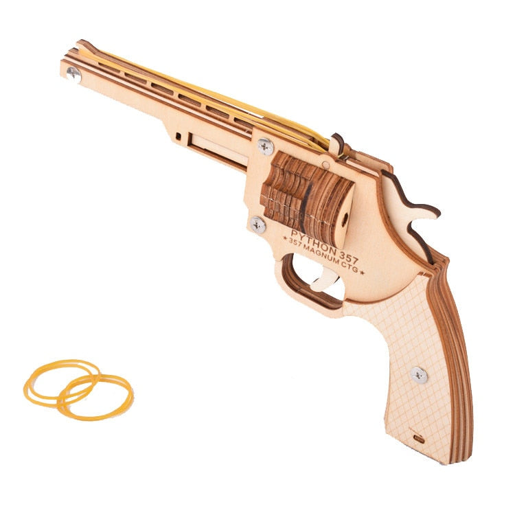 Semi-auto Rubber Band Cutting 3D Wooden Puzzle Gun Woodcraft Assembly Kit RevolverShooting Toy Boys