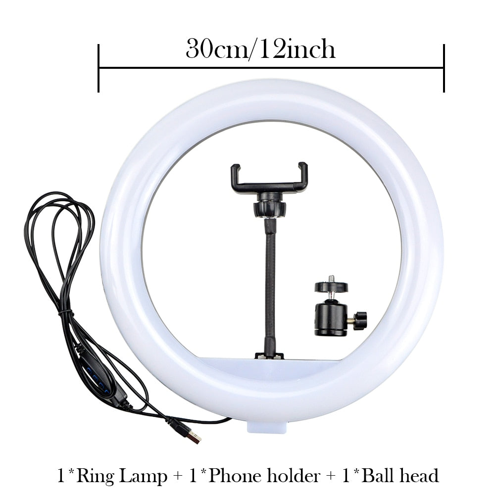 12" 30cm Photography LED Selfie Ring Light Dimmable Lamp Camera Phone Photo Ringlight with Tripod