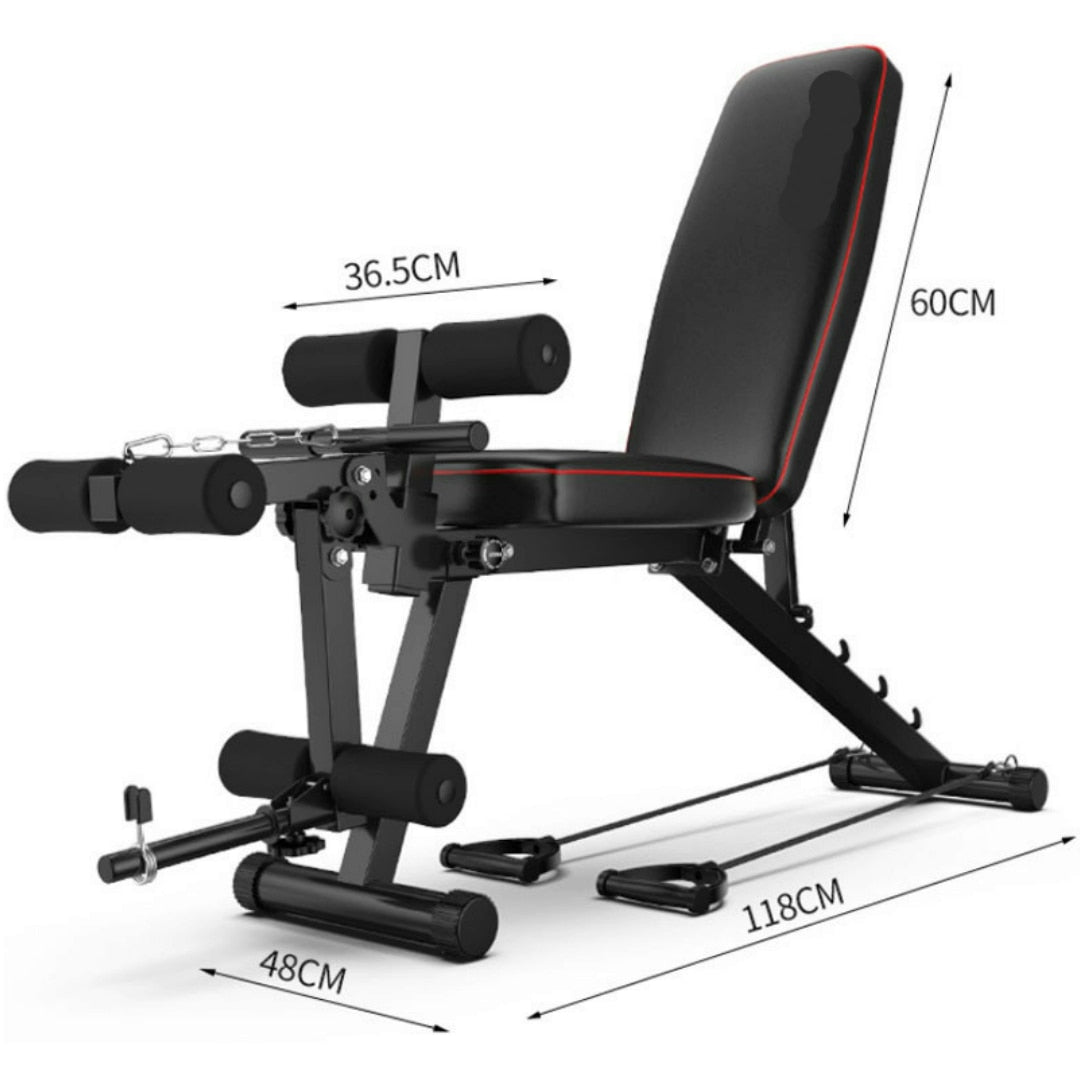 WEIGHT BENCH, RECLINING, ADJUSTABLE, WITH ELASTIC BAND, WEIGHT DISC HOLDER