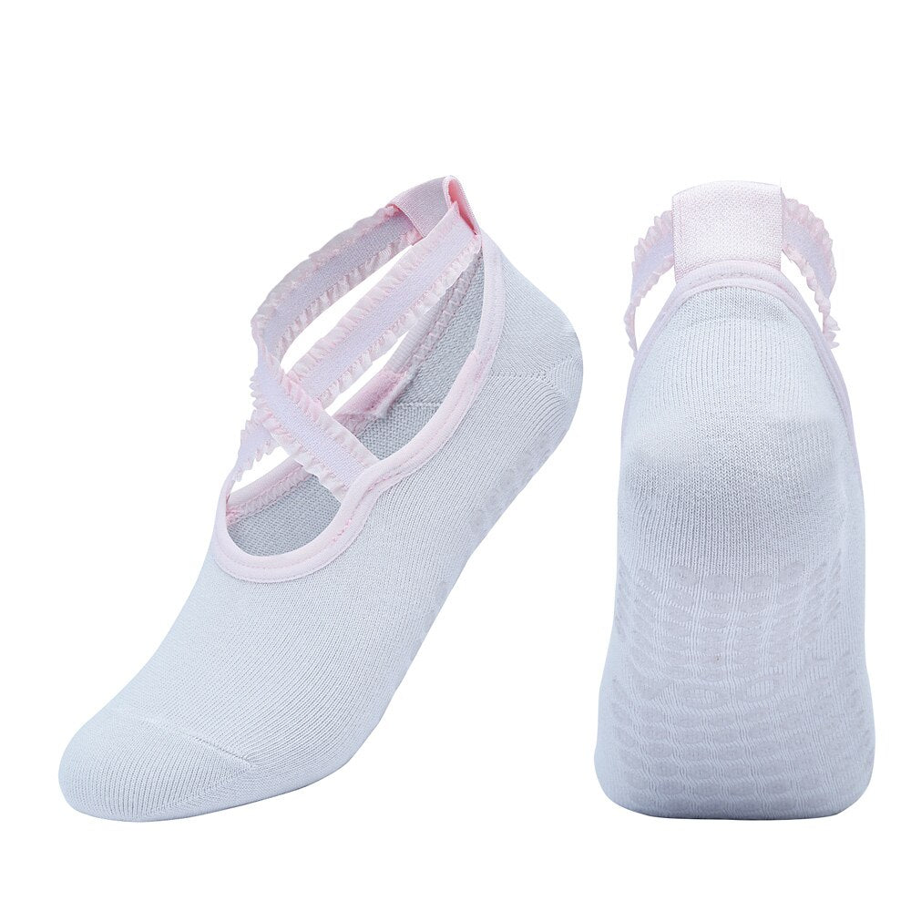 Women Lace Breathable Pilates Socks Silicone Anti Slip Bandage Ballet Dance Cotton Sports